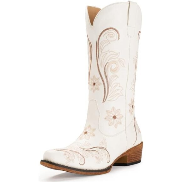 Cowboy Boots For Women Mid Calf Cowgirl Boots Embroidered Pull-On Tabs Snip - Picture 1 of 7